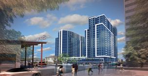 The new KT Properties development sits across from the entrance to San Pedro Square Market. It's not totally visible here, but the project steps down toward the Fallon House property along West St. John St. Between the towers is an amenities deck with pool area. 