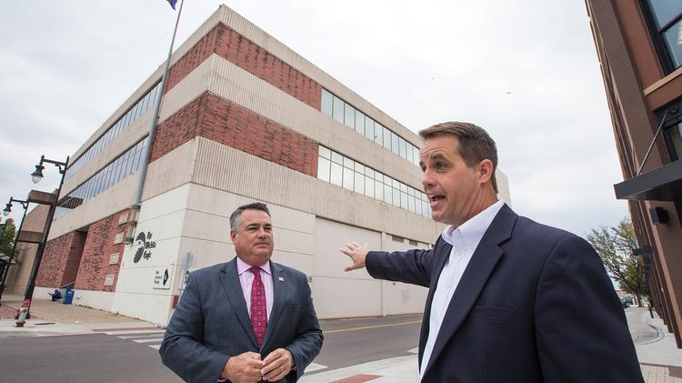 City council member Bryan Frye, left, and Jeff Fluhr, president of the Greater Wichita Partnership, talk about Cargill’s decision to build a new headquarters on the Wichita Eagle site, 825 E. Douglas.