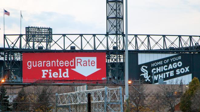 US Cellular Field, Home of the Chicago White Sox. Scoreboard advertising.