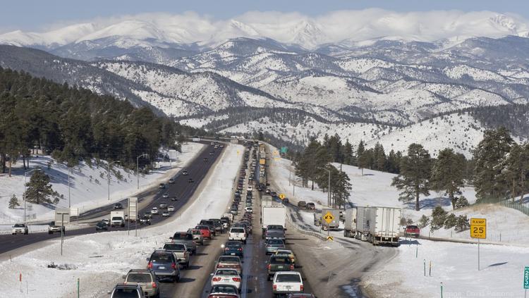 A traffic backup on westbound Interstate 70 heading into the Rocky Mountains.