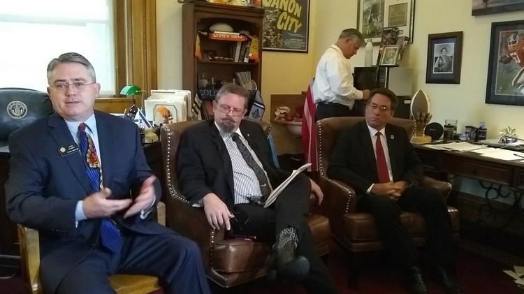 Colorado Senate Majority Leader Chris Holbert, President Kevin Grantham and President Pro Tem Jerry Sonnenberg discuss the special session on Monday.