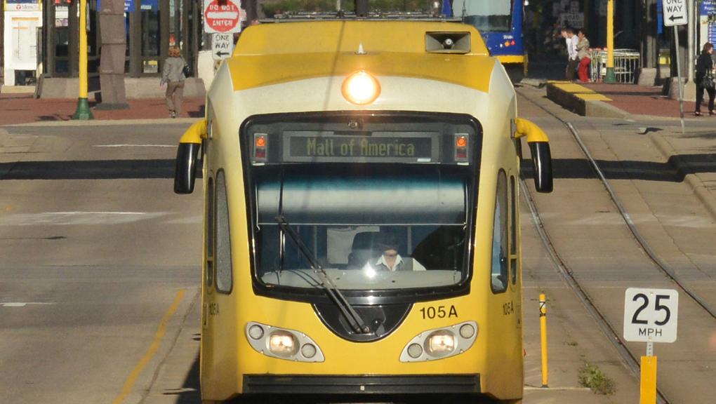 Green Line light rail time 67 minutes, St. Paul to Minneapolis