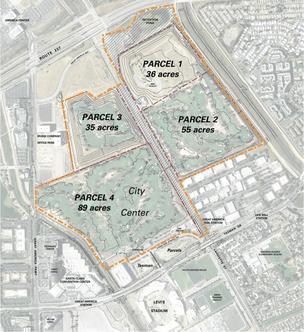 This map shows the Montana/Lowe project proposed for the Tasman Parcels just north of Levi's Stadium. Above that is the first phase of Related California's City Center project, dubbed Parcel 4. The other three parcels would be built out later. 