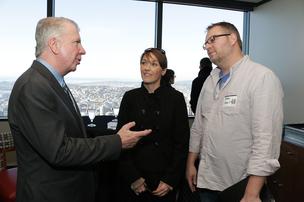 State Sen. Senator Ed Murray, left, talks with Angela Stowell, CFO of Ethan Stowell Restaurants, and Chef Ethan Stowell, at a Seattle mayoral forum held by The 40, the PSBJ 40 under 40 alumni group one week before Election Day.