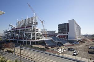 The progress of the new San Francisco 49ers stadium in Santa Clara, as of November 1, 2013. Hotel rooms in the city are increasingly hard to find, even before the stadium opens during the summer of 2014.