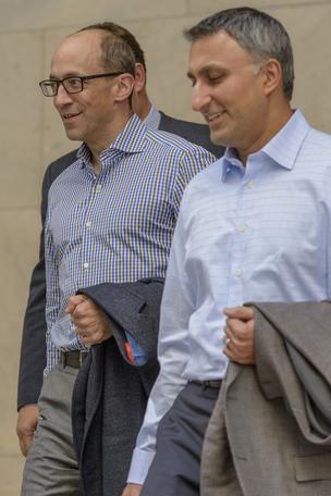 Twitter CEO Dick Costolo, left, and CFO Mike Gupta, are seen after meeting with potential investors last week in Philadelphia. The San Francisco-based company is facing many questions about its future as it prepares for its expected New York Stock Exchange debut on Thursday.