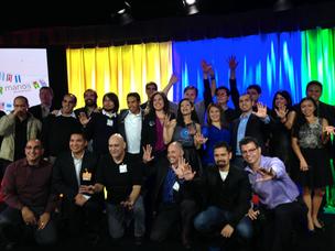 The inaugural class of the Manos Accelerator pose at Google's headquarters in Mountain View after pitching their companies to a panel of judges.