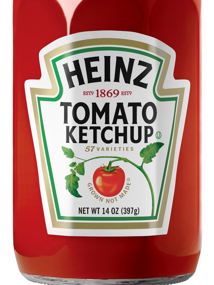 The iconic design of the glass Heinz ketchup bottle.