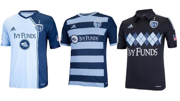 All three Sporting Kansas City 2014 kits primary/home jersey (left), away jersey and third kit.