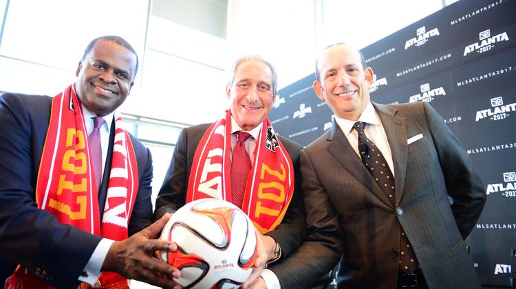 Mayor Kasim Reed, from left; Atlanta Falcons owner Arthur Blank; and MLS Commissioner Don Garber in April when it was announced Atlanta would get a MLS team.
