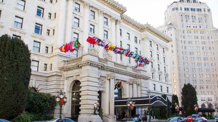 The Fairmont San Francisco hotel atop Nob Hill houses a 3 bedroom, $18,000-a-night penthouse featuring a library, billiard room, dining room and a full-sized commercial kitchen.