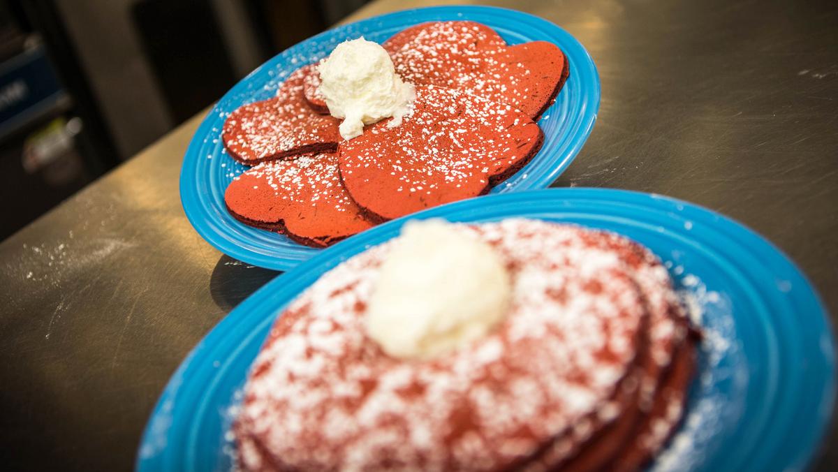 Red Velvet pancakes in time for Valentine's Day at Flying Biscuit Cafe