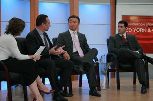 From right to left, San Francisco 49ers CEO Jed York, team president Gideon Yu, SAP CMO Jonathan Becher and SVP and Managing Director of SAP Labs North America Barbara Holzapfel talk sports tech at an SAP panel discussion Wednesday in Palo Alto. 