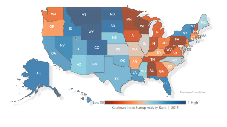 2015 Kauffman Index startup activity by state.