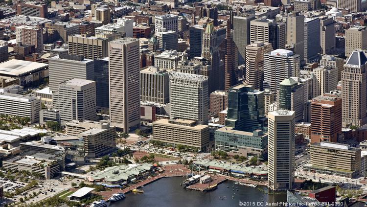 An aerial view of the Downtown Baltimore skyline and Inner Harbor.
