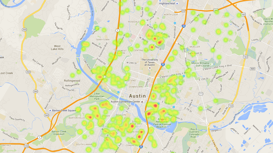 Map shows locations of Austin's Type 2 shortterm rentals Austin
