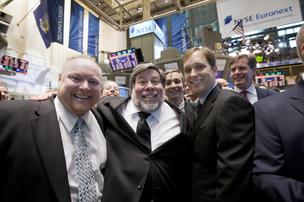 Everything looked rosy for Fusion-IO when it went public at $19 a share. It closed Thursday down more than 40 percent at $10.84. Shown here are, from left, founder and Chief Marketing Officer Rick White, Apple co-founder Stephen G. Wozniak, who is Fusion-io's 