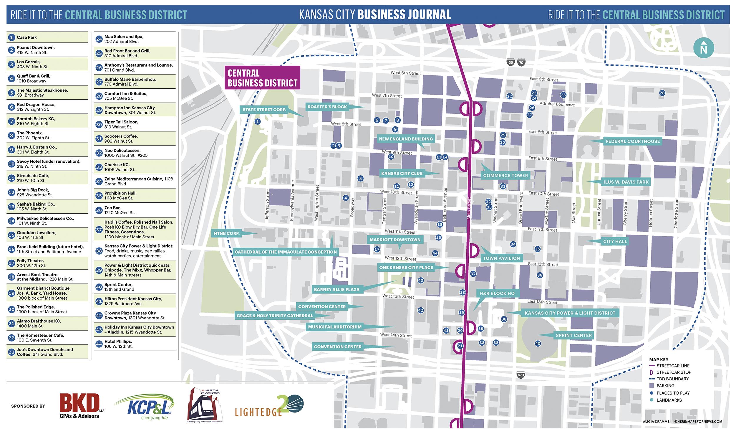 Kansas City Streetcar Central Business District places to play (map