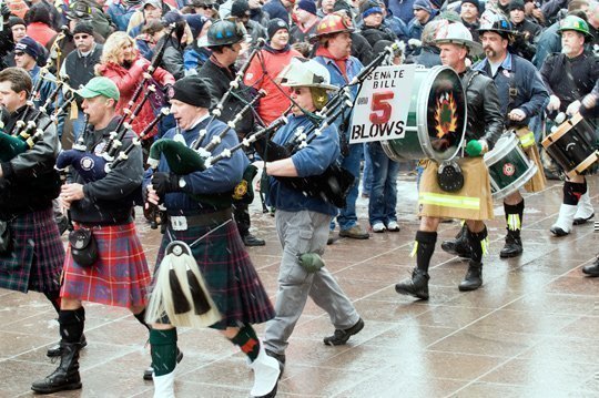 Members of the Firefighters Union and organized labor rally at the Ohio Statehouse, in opposition to SB-5, in Columbus on Feb. 22.