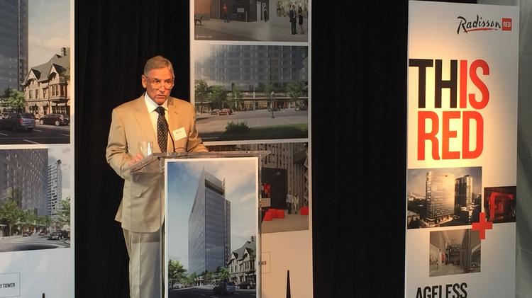 Walter Bowen, CEO of BPM Real Estate Group, gave the opening remarks at today's groundbreaking for Broadway Tower, the 19-story hotel and office tower that will rise from the corner of Southwest Columbia and Broadway. "It's an exciting project," he said.