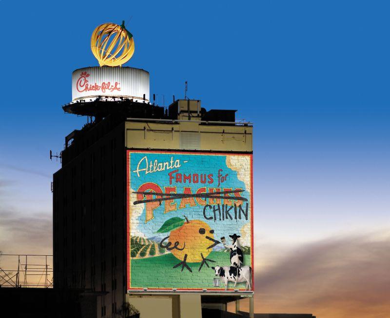 Peach sculpture and round, rotating Chick-fil-A billboard along Peachtree  Street and I-85 in Midtown Atlanta, Georgia, near Buckhead. (USA Stock  Photo - Alamy