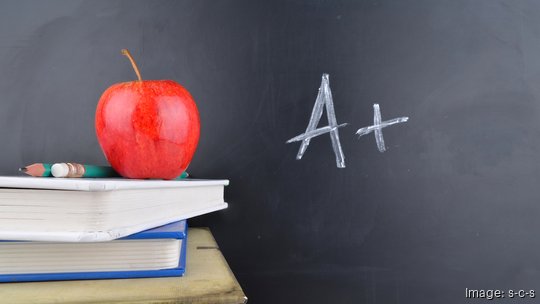 Classroom concept with books an apple and blackboard with handwriting