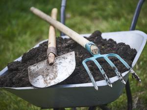 Gardening Fork, Shovel and Wheelbarrow