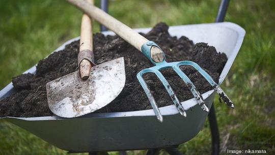 Gardening Fork, Shovel and Wheelbarrow