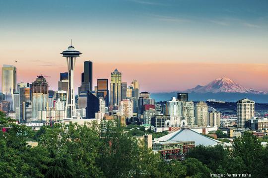 Seattle Skyline and Mount Rainier at Sunset