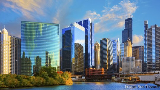 Skyscrapers of Chicago skyline at sunset,Chicago River,Ill