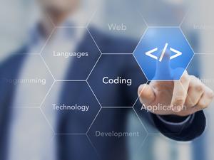 Coding symbol on virtual screen about developing apps or websites