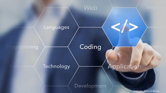 Coding symbol on virtual screen about developing apps or websites