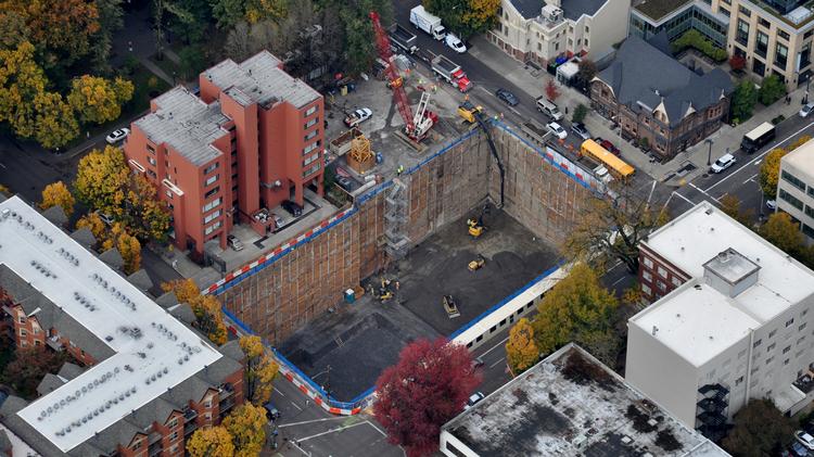 An aerial view of the Broadway Tower construction site. The project is adding a 19-story hotel and office tower at the corner of Southwest Broadway and Columbia.