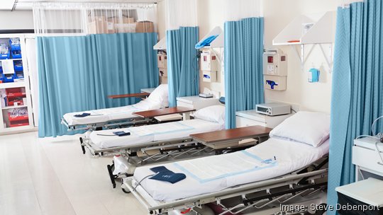 Empty beds ready for patients in hospital surgery recovery room