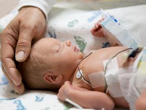 father touching head of a premature baby in incubator