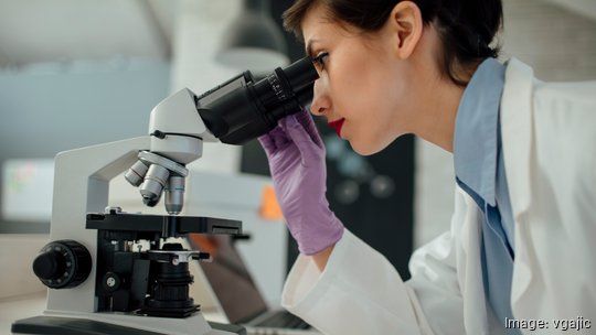 Researcher Using Microscope In Her Lab.