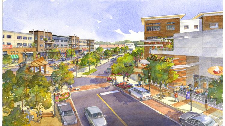 This rendering gives a look at District at Deerfield's main street corridor with ground floor commercial space and apartments above.