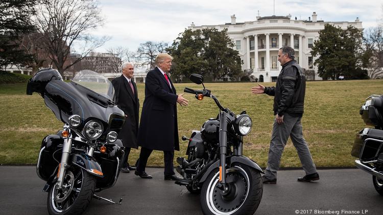 President Donald Trump greets Matthew Levatich, chief executive officer of Harley-Davidson Inc., outside of the White House on Feb. 2.