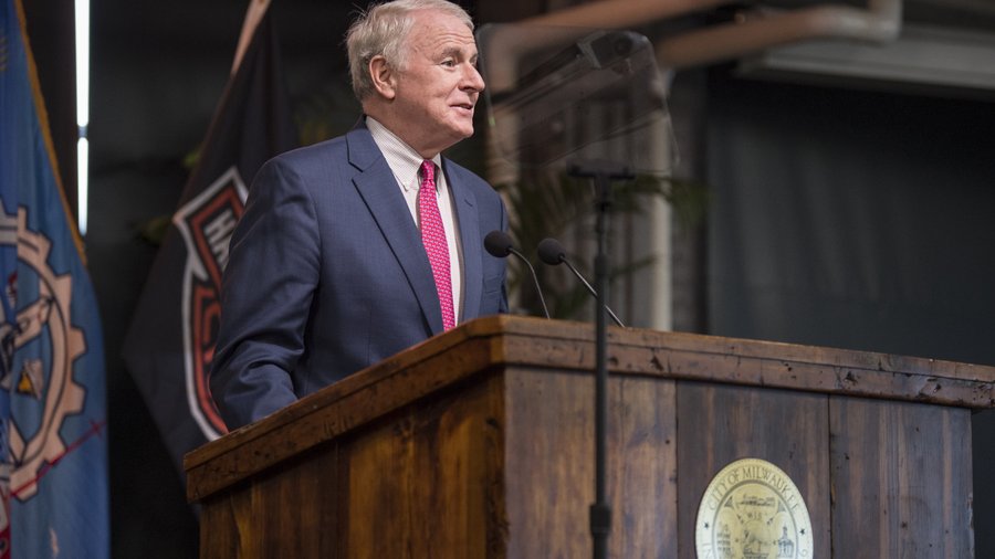 Barrett's state of the city at HarleyDavidson U spotlights near west