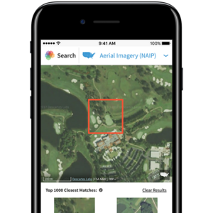 This is what Descartes Labs' GeoVisual Search looks like on a mobile device. Shown is a search of Trump International Golf Club.