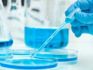 Chemist using dropper to drop liquid into petri dish