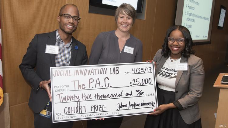 Shantell Roberts, right, a Hopkins Social Innovation Lab cohort member, won $25,000 to support her Portable Alternative Cribs venture.
