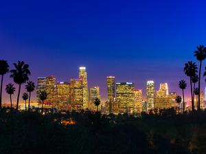 Skyscrapers of Los Angeles skyline sunset,urban sprawl, CA