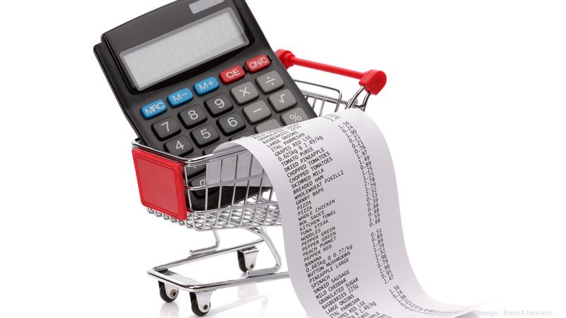 Shopping till receipt, calculator and cart