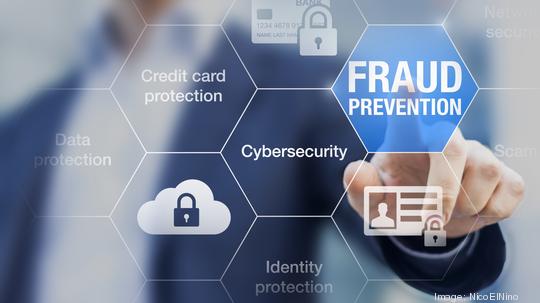 Fraud prevention button, concept about cybersecurity and credit card protection