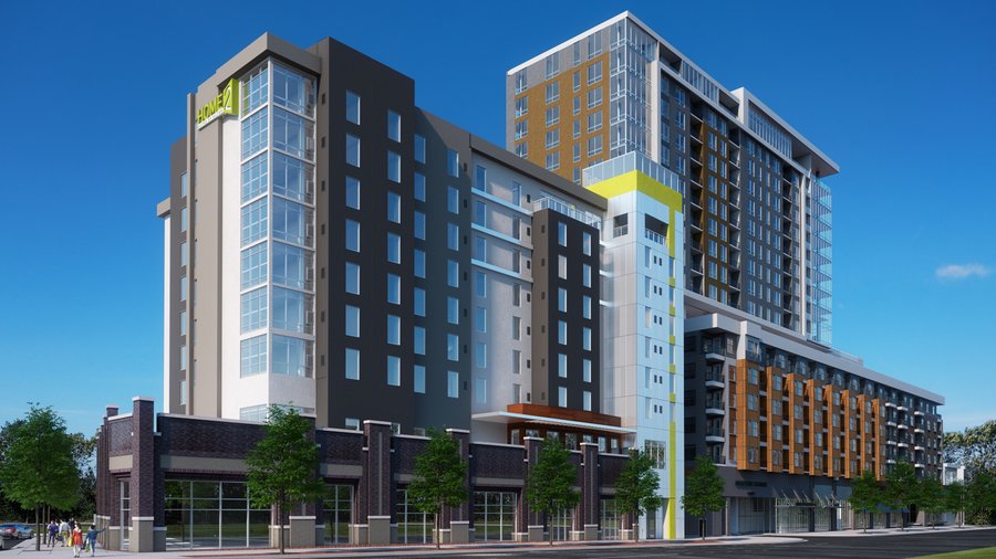 Home2 Suites under construction at Crescent Stonewall Station in uptown