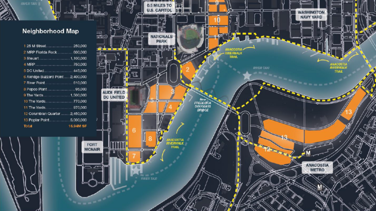 Assembling sites on Buzzard Point, by the Navy Yard-Ballpark Metro and Poplar Point by the Anacostia Metro could meet Amazon's near-term and long-term growth plans.