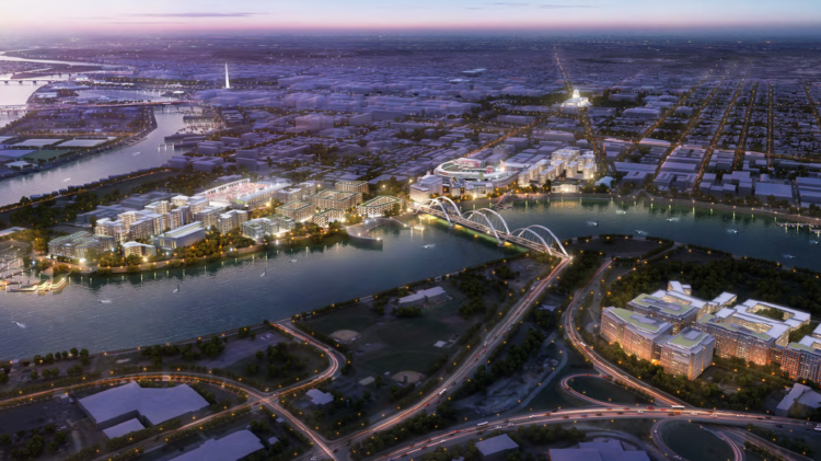 A view of how Amazon's second headquarters could potentially lay out with sites in Buzzard Point, The Yards and at Poplar Point. The D.C. Office of the Deputy Mayor for Planning and Economic Development believes this potential site benefits from its waterfront views and proximity to sporting events at Nationals Park and D.C. United's planned Audi Field.