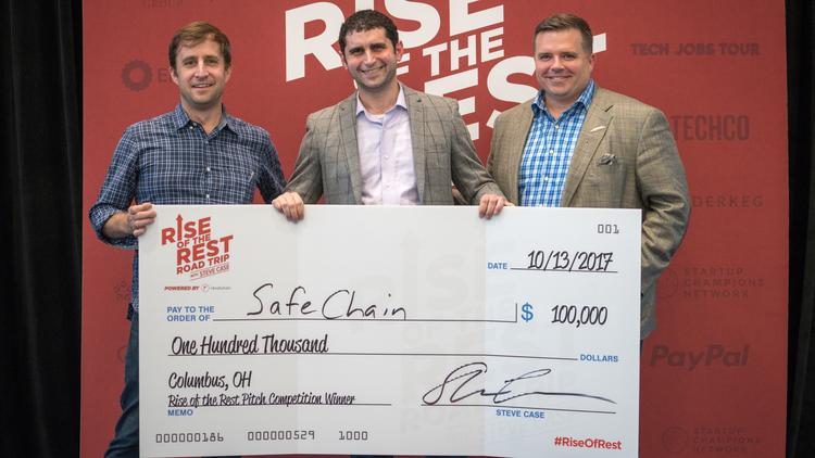 SafeChain Financial Inc. won a personal investment from Steve Case in the Columbus stop of his Rise of the Rest bus tour in 2017, and the fund itself later did a follow-on investment. Co-founders left to right are Robert Zwink, Tony Franco (who has since left the company) and Chris Sauerzopf.