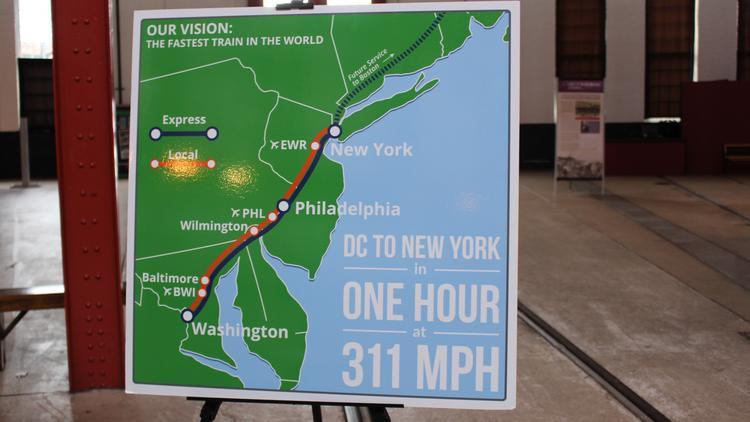 This map, shown off Wednesdays, shows potential maglev stops in Baltimore, Philadelphia, Wilmington and New York City.